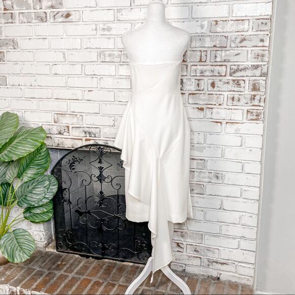 Milly Ivory White Bridal Cocktail Strapless Cascading Ruffle Front Midi Dress 12 - Picture 7 of 9